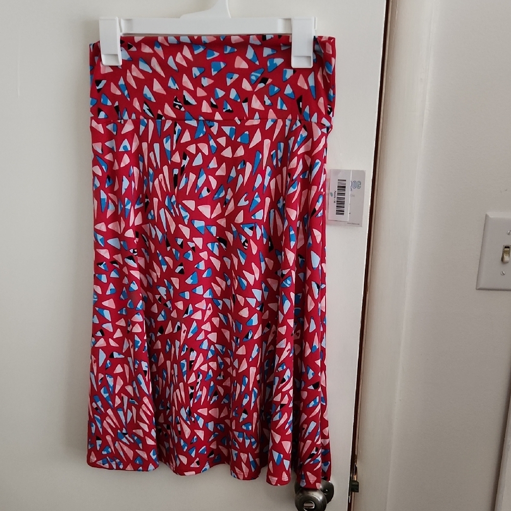 LuLaRoe Red Circle Skirt with Blue & White Geometric Print Medium NWT
